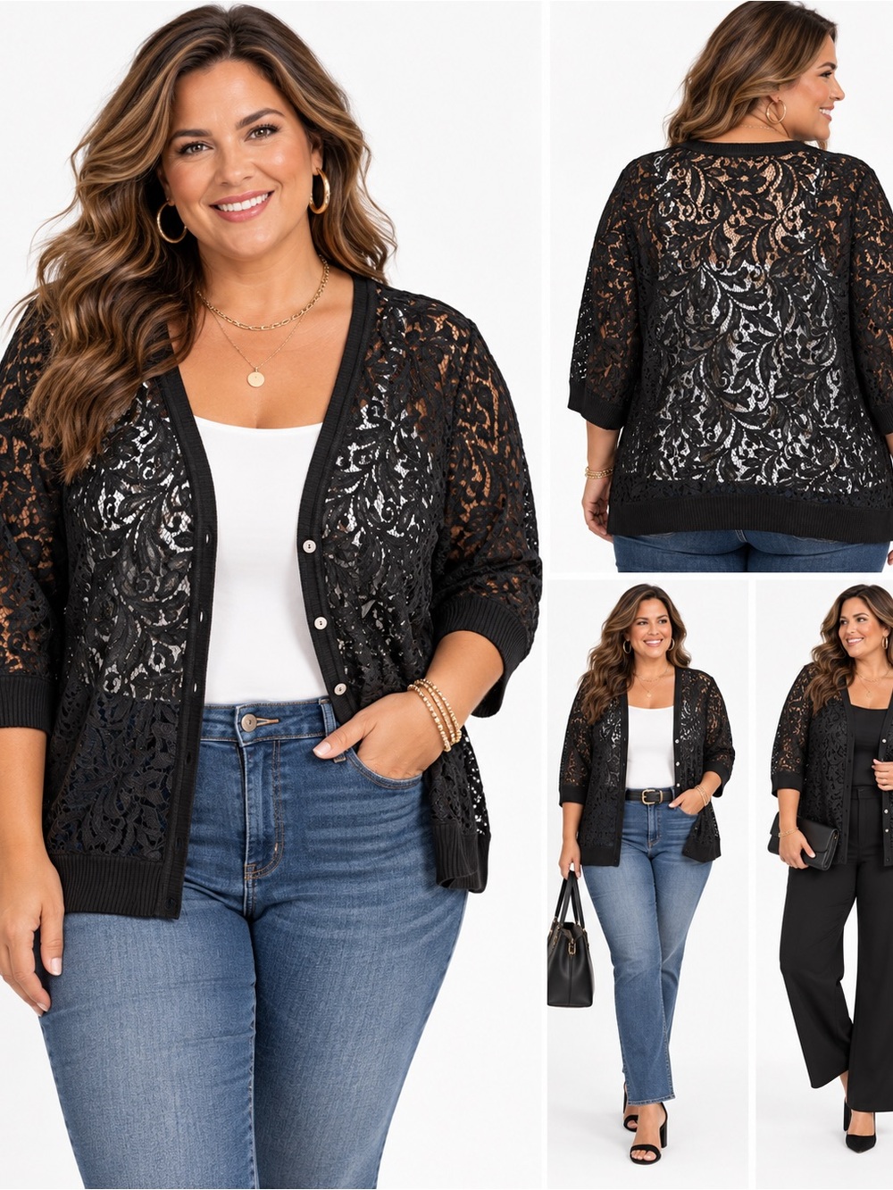 NWT Size 22/24W Catherines Black Lace Button-Front Cardigan